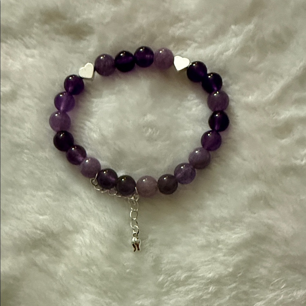 Purple Beaded Bracelet with Heart Accents W/Box